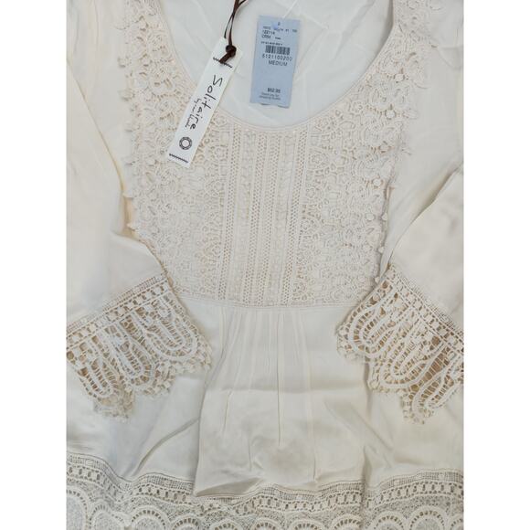 Solitaire By Ravi Khosla Womens M 1/4 Sleeve Cream Crochet Cottagecore Boho NWT - Picture 3 of 7